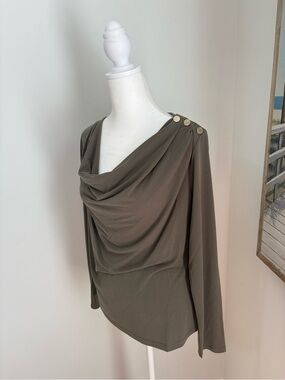 Michael Kors Olive Green Long Sleeve Draped Top with Gold Buttons